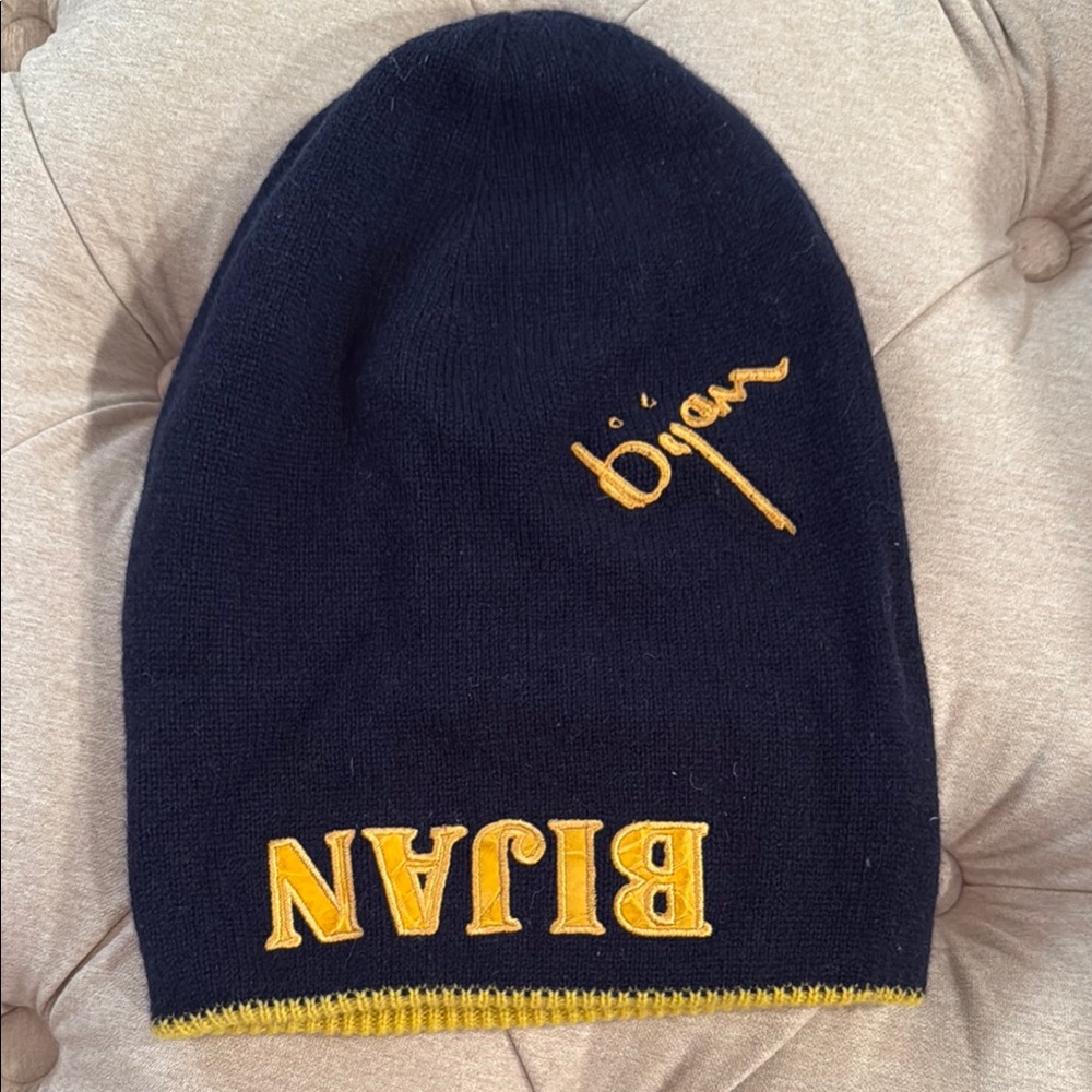 Navy and Gold Cashmere Reversible Beanie with Alligator Detail